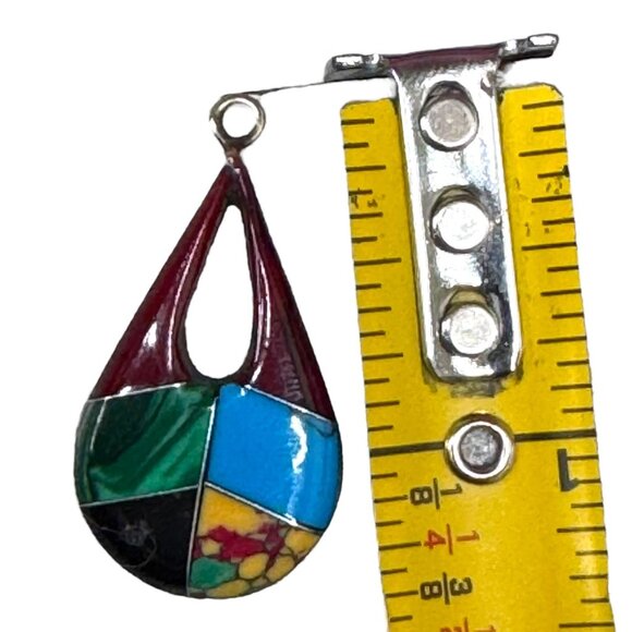 Vtg Native American Sterling Silver Multi Gemstone Drop Pendant Teardrop Inlay - Picture 3 of 4